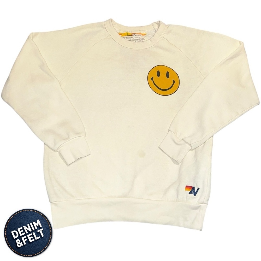 Aviator Nation Vintage White Smiley Face Crewneck Sweatshirt XS Athleisure‎ - Picture 5 of 13